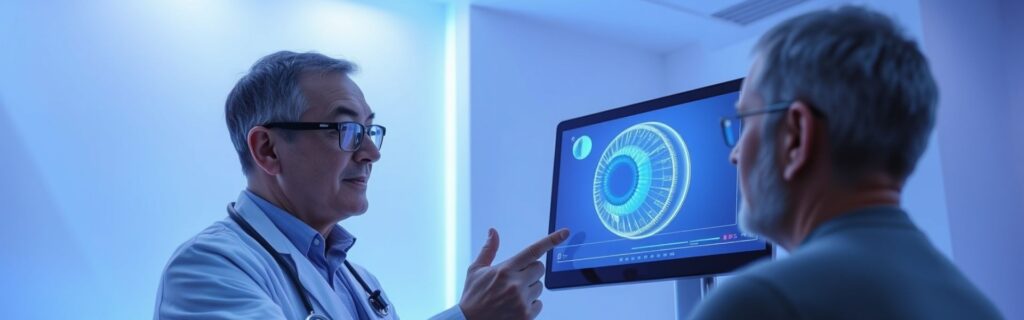 Optometrist examining a patient’s eyes during a laser vision consultation.
